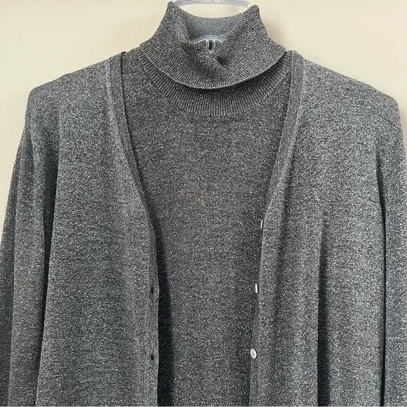 August Silk Shimmering Metallic Silver Knit Cardigan & Turtleneck Twinset SZ L - Picture 5 of 15